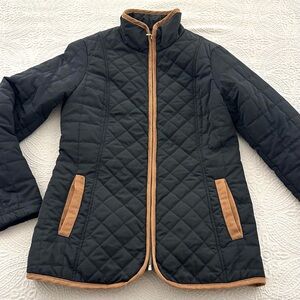 Women’s Jones New York Black Quilted Puffer Jacket Coat Cognac Trim Small